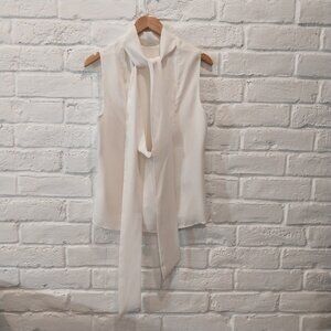 BCBG MaxAzria Top Womens M Ivory Solid Tie-Neck Open Back Sleeveless Lined Flowy